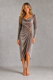 Women’s Velvet Ruched Midi Dress with Gold-Tone Waist Detail – Long Sleeve Style — studio_front — Sofia [99d310fa-06d5-4669-9507-7853cec56671]