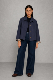 Zoe | Check-Cuff Cropped Trench Jacket — studio_front — Helena [8f9a3bb8-2bdf-44e8-a039-427bb3d0b15a]