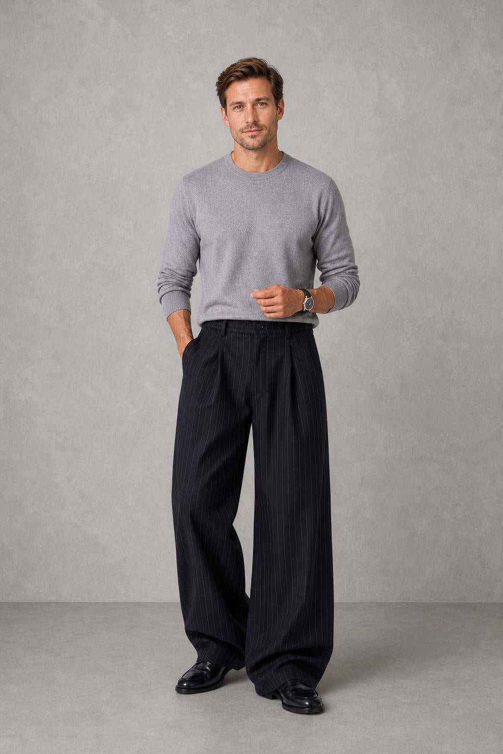 Isaac | Pinstripe Wide-Leg Trousers — lifestyle — Charles [c6004a23-e0fb-4fdf-9ede-88f8fb82deab]