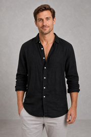 Hugo | Curved-Hem Linen-Blend Shirt — studio_front — Charles [c008ba2c-2888-447f-b518-a04e898b106e]