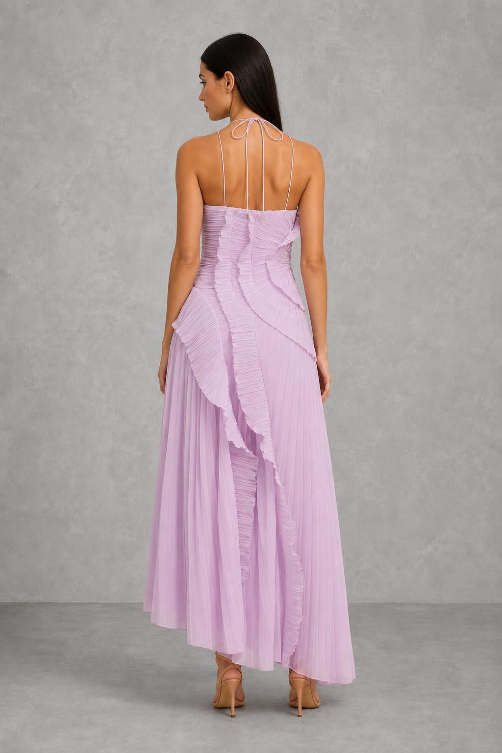 Lucy Pleated Halter Ruffle Maxi Dress — studio_back — Helena [16290aea-47b6-454b-9cdb-57b2aecc2472]