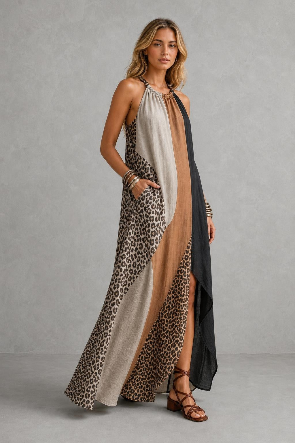 Additional view of Myrna | Leopard Colour-Block Halter Maxi Dress
