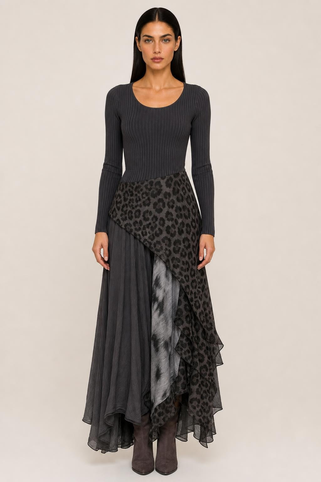 Georgia | Animal-Print Overlay Knit Maxi Dress
