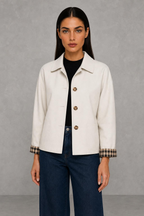 Zoe | Check-Cuff Cropped Trench Jacket — studio_front — Helena [8b64cdf3-6178-47e4-93fe-908de93ee4e8]