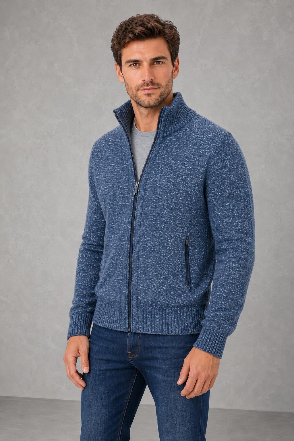 George | Textured Full-Zip Cardigan — studio_three_quarter — James [6369f310-7f9a-4e77-91bf-2868343fda24]