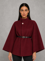 Nancy | High-Neck Belted Cape Jacket — studio_front — Helena [2f821520-6987-4e7a-a1d0-58aa6d277ff2]