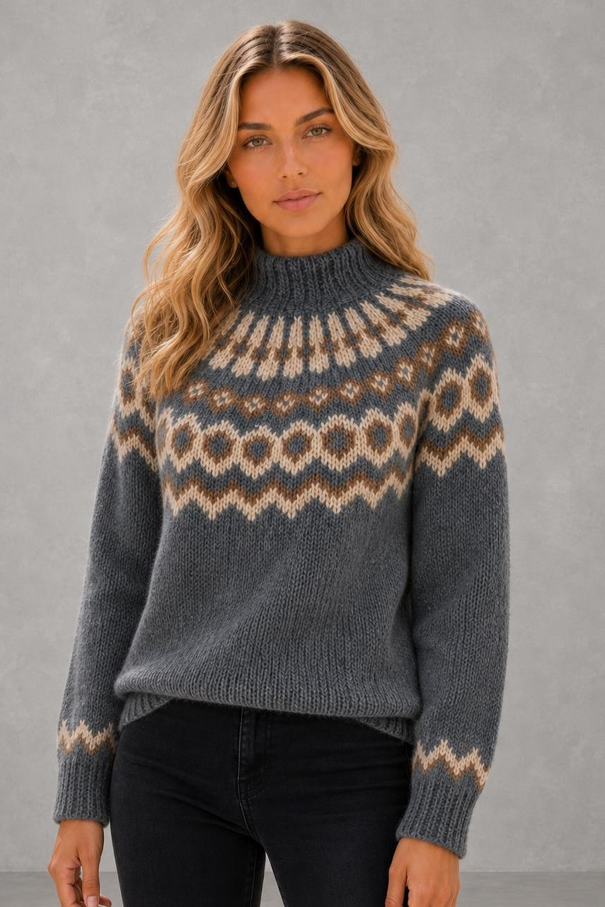 Olive | Fair Isle High-Neck Jumper — studio_front — Sofia [c5bfa7cc-c676-4c09-86b9-5c16a6922e5e]