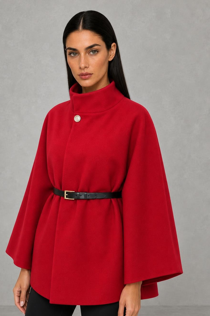 Nancy | High-Neck Belted Cape Jacket — studio_three_quarter — Helena [4a09a797-cbbf-45e1-9f03-7cf3f9e46176]