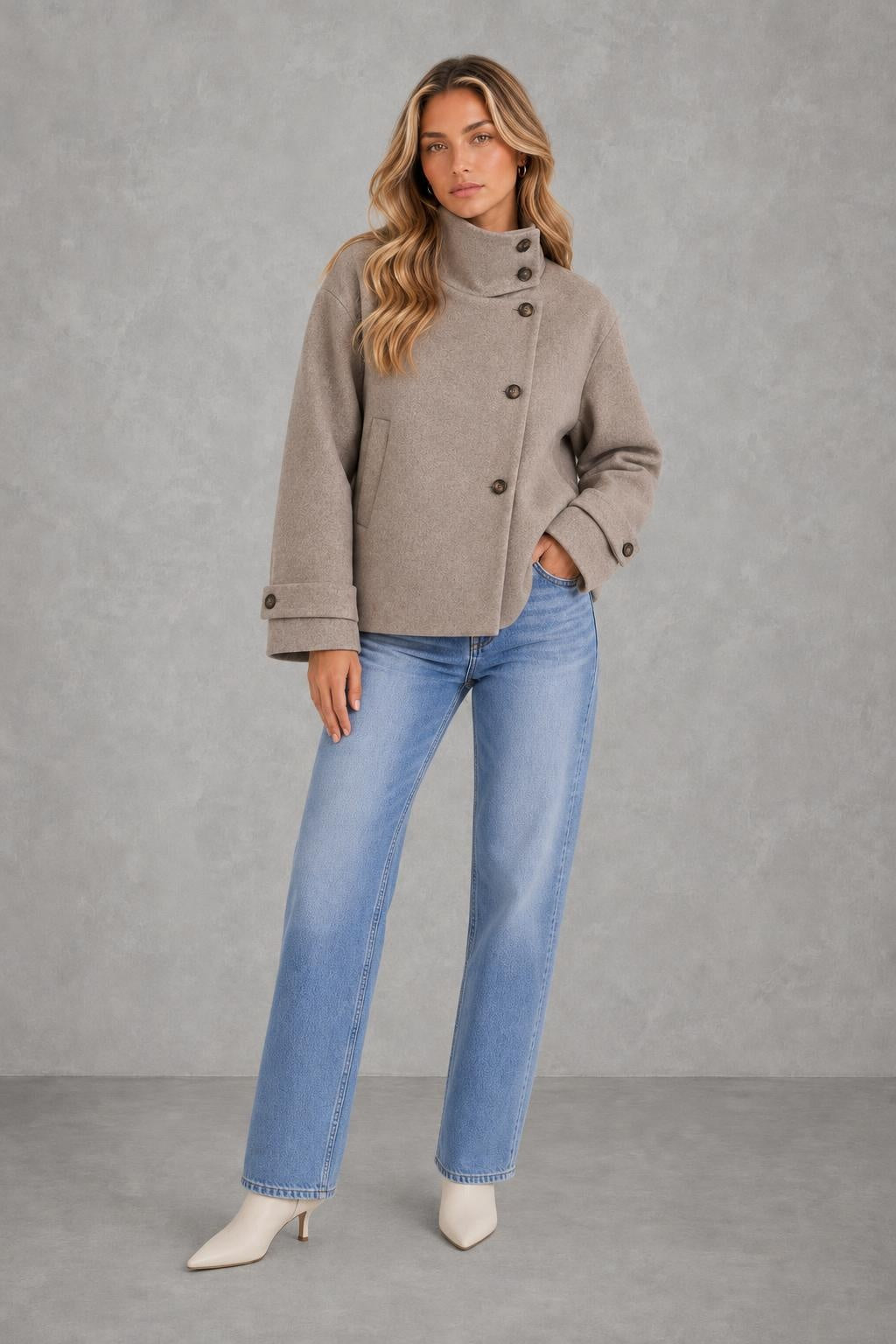 Lola | Asymmetric High-Collar Jacket — lifestyle — Sofia [d61285f2-0bdb-4274-9929-13701f7a5ad9]