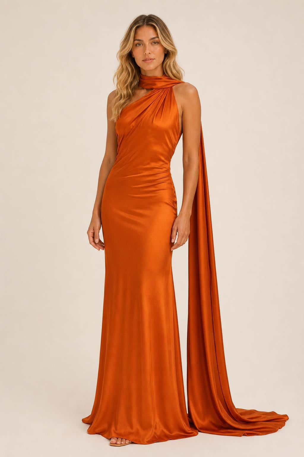 Additional view of Isabelle | One-Shoulder Satin Maxi Dress with Cape Detail