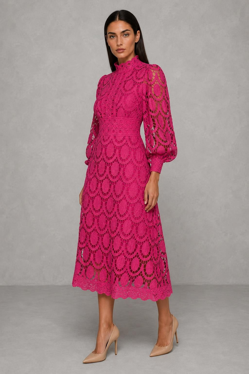 Ivey Openwork Lace Midi Dress — studio_three_quarter — Helena [8f48927a-4546-4f6b-82e9-700979472337]