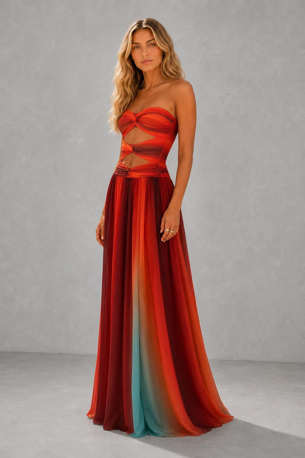 Celeste Colour-Block Cut-Out Maxi Dress — studio_three_quarter — Sofia [73443c54-7df2-4502-980e-121d40b970b3]