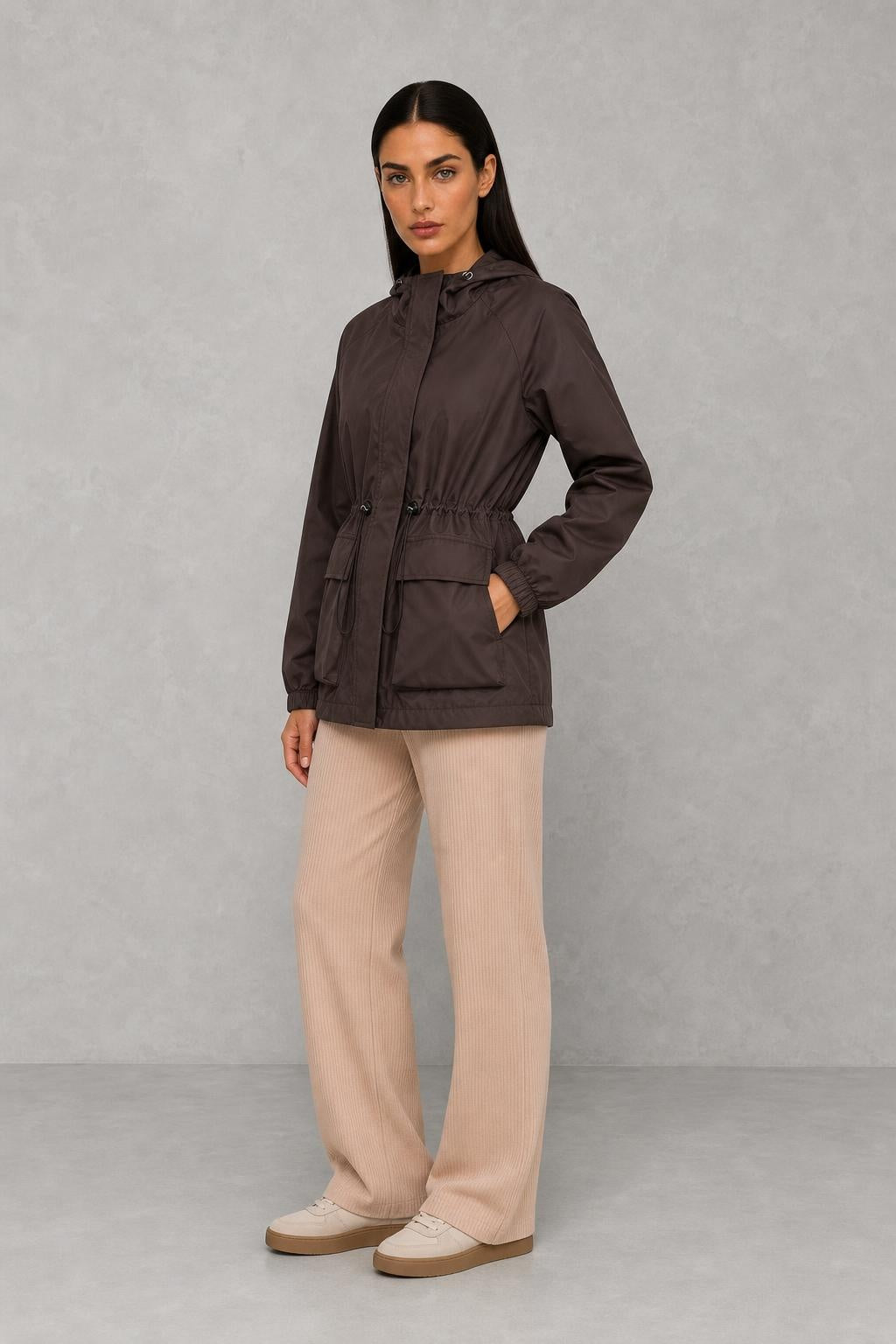 Lucy | Drawstring-Waist Hooded Jacket — studio_three_quarter — Helena [70366b97-bb2b-4c55-8c97-5a665bb4ab4b]