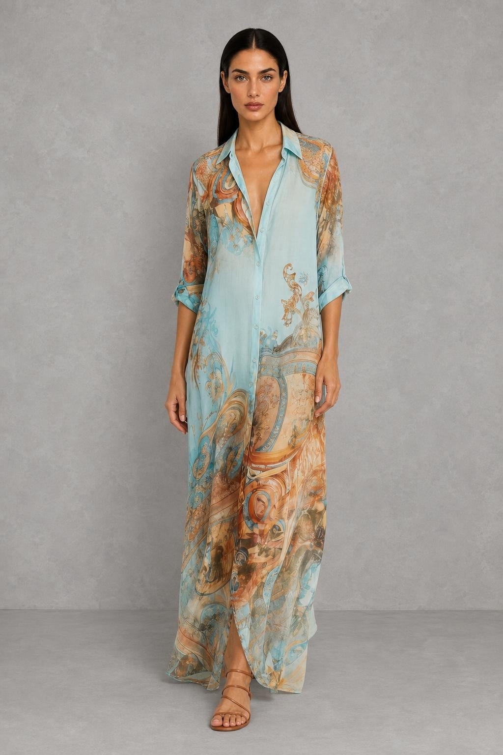 Serena Baroque-Print Maxi Shirt Dress — studio_front — Helena [e57a5a75-d464-4606-b724-a4662c85042f]