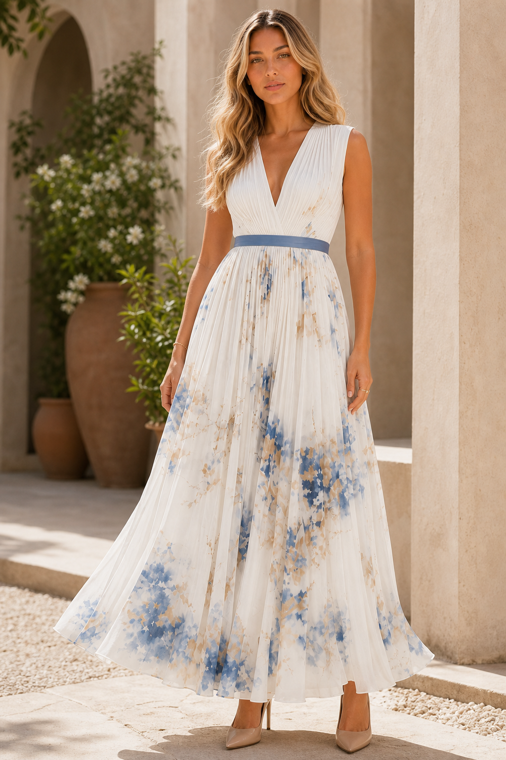 Simone | Floral Pleated Maxi Dress with Waist Sash