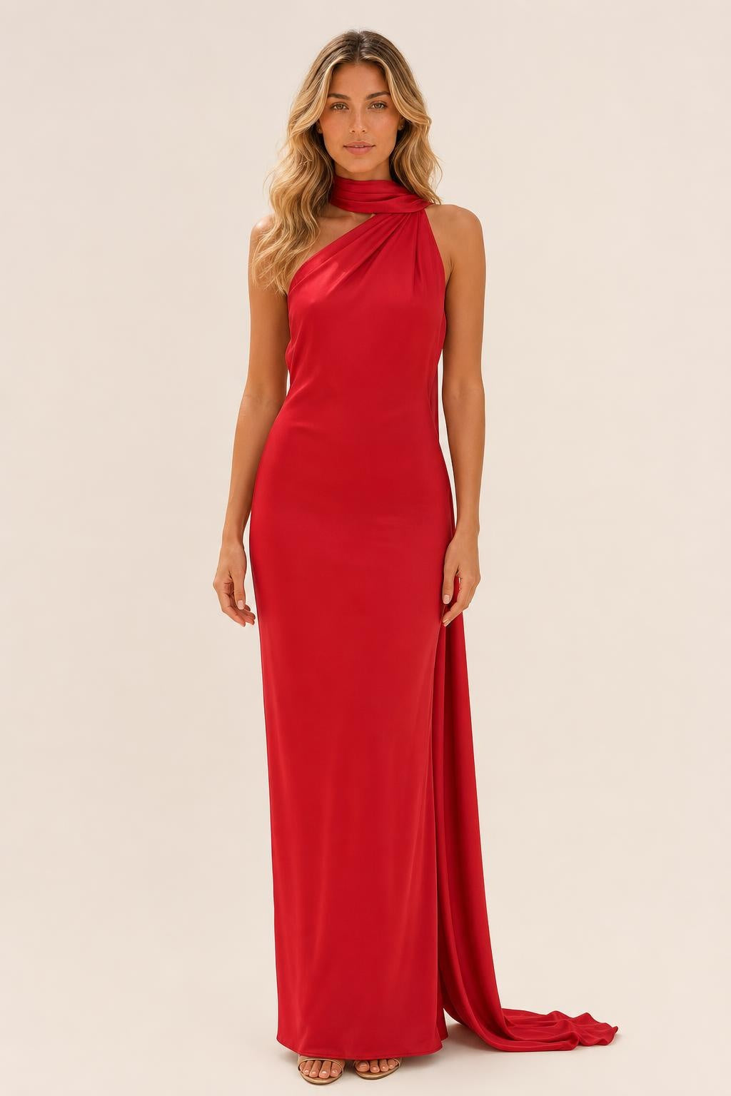 Additional view of Isabelle | One-Shoulder Satin Maxi Dress with Cape Detail