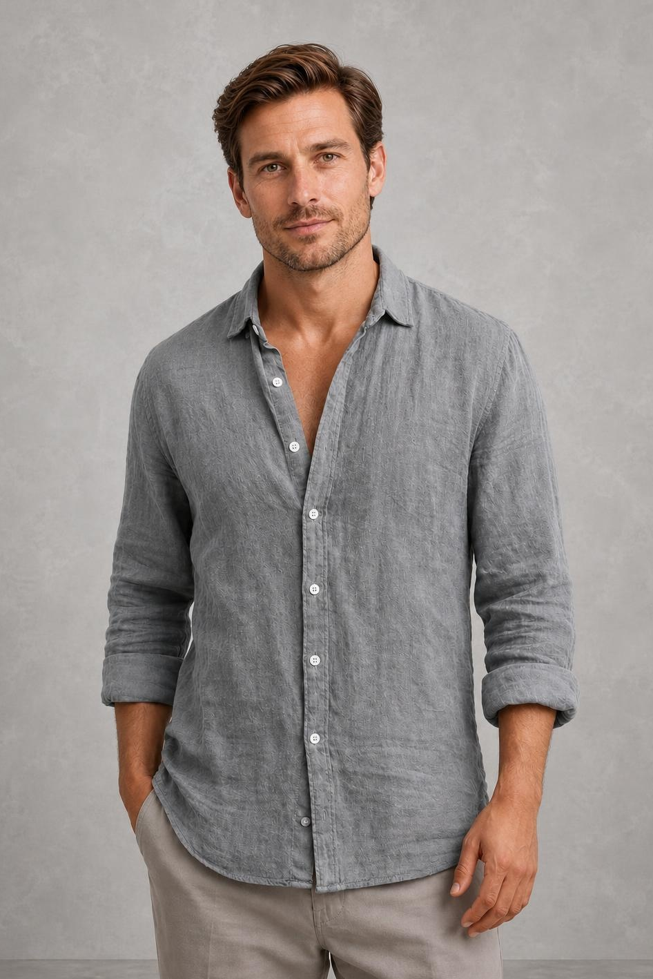 Hugo | Curved-Hem Linen-Blend Shirt — studio_front — Charles [3c8b76ad-df52-4d2d-99dc-1151be6a9e9a]