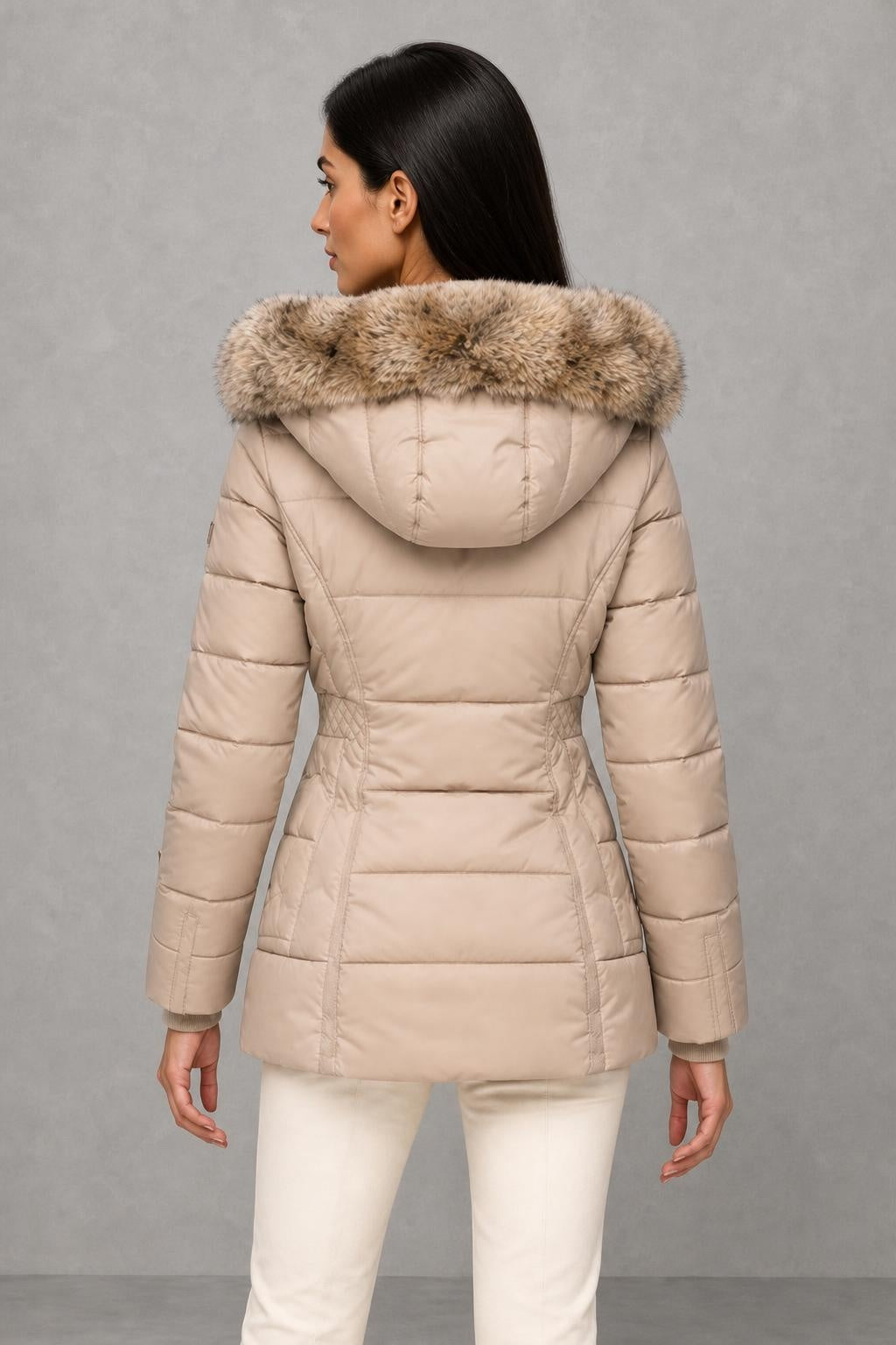 Emily | Faux-Fur Hood Quilted Jacket — studio_back — Helena [712a0a5a-30f9-4e3f-8d2a-e34c665e9d1b]