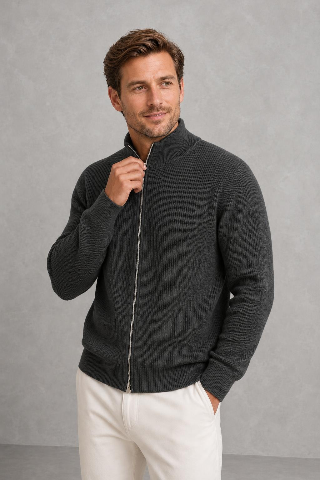Toby | Stand-Collar Ribbed Zip Cardigan — studio_three_quarter — Charles [8fd8c7dc-f49c-4ffe-8e01-582c07ee2092]