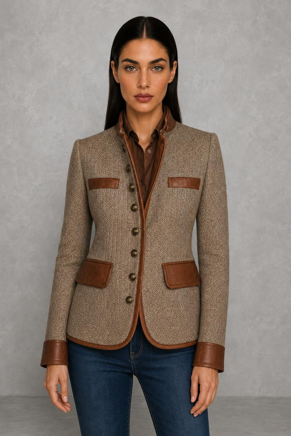 Isabel | Contrast-Trim Herringbone Jacket — studio_front — Helena [cf37a875-eaf7-4de0-8619-076c8305d424]