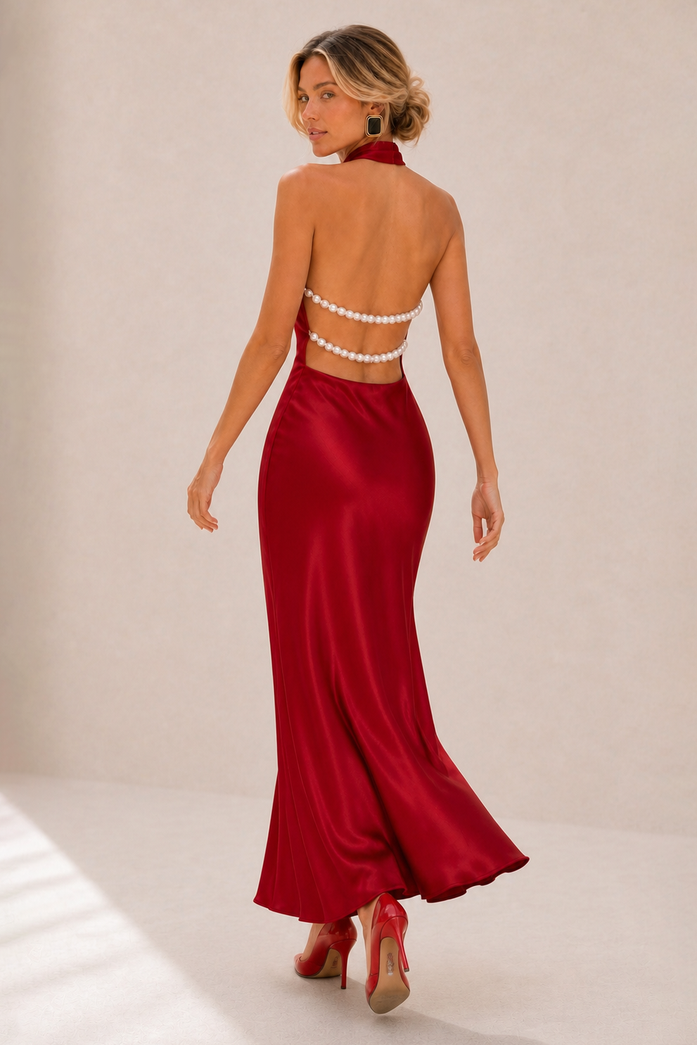 Additional view of Octavia | Draped-Neck Satin Midi Dress
