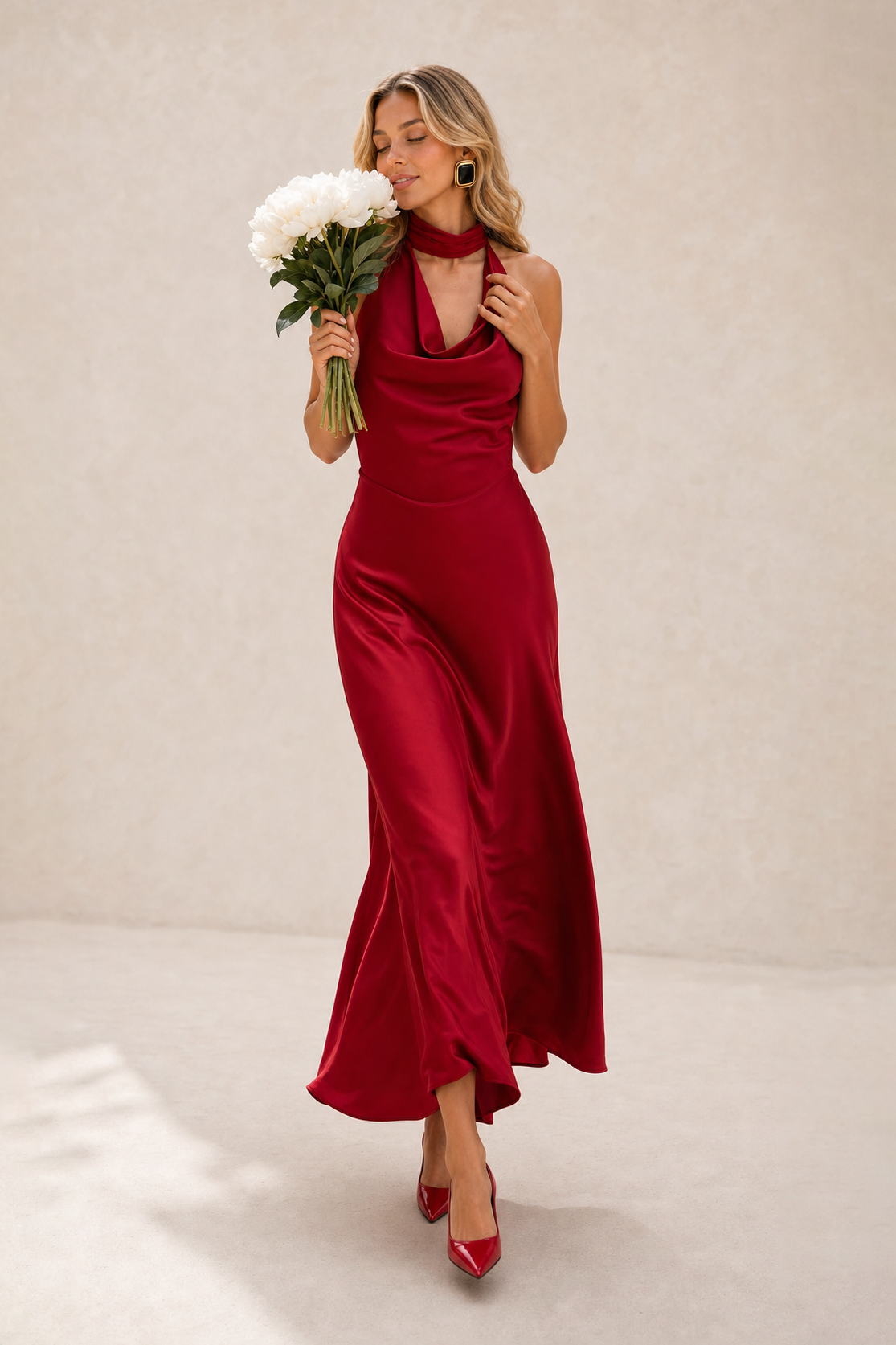 Additional view of Octavia | Draped-Neck Satin Midi Dress