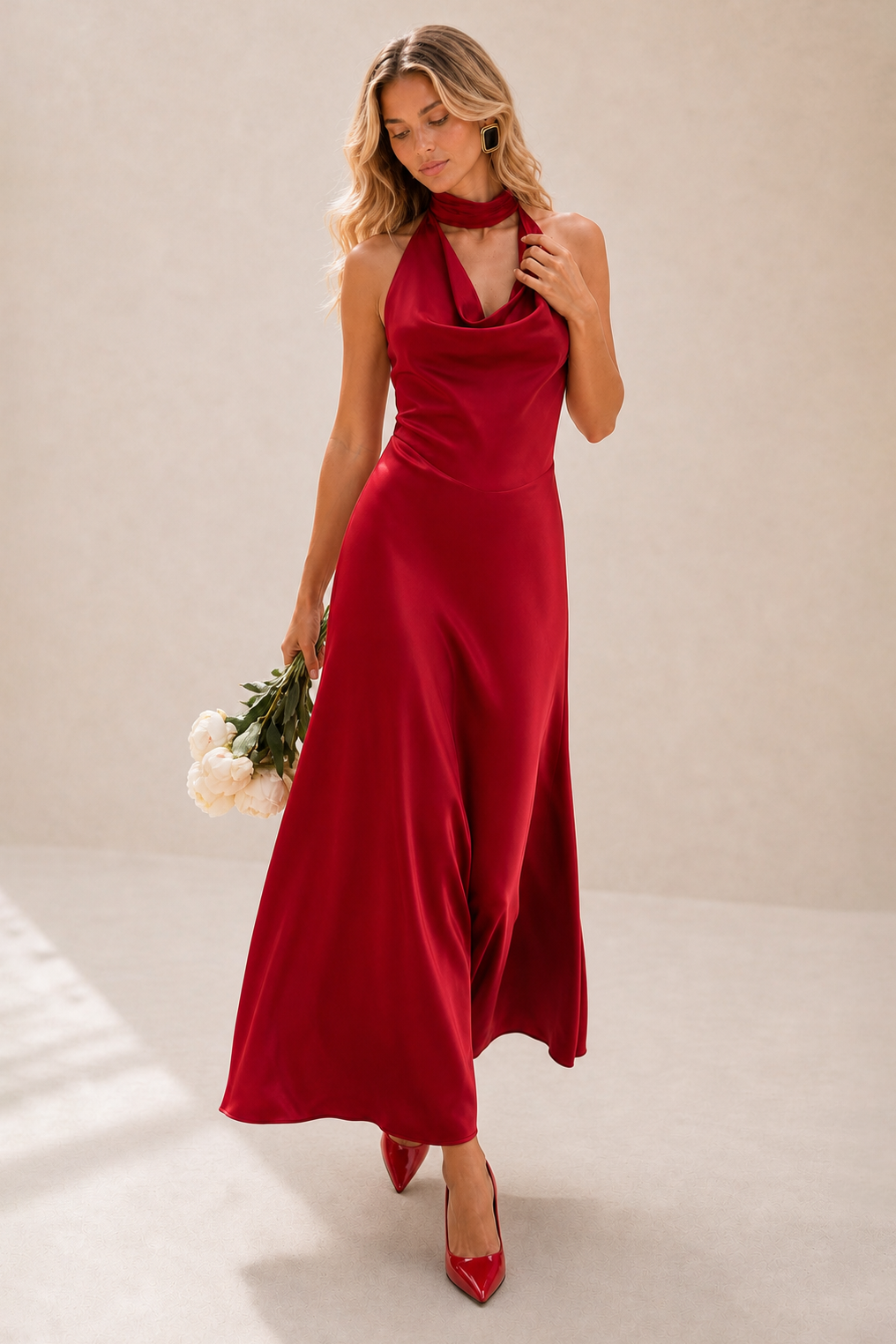 Additional view of Octavia | Draped-Neck Satin Midi Dress