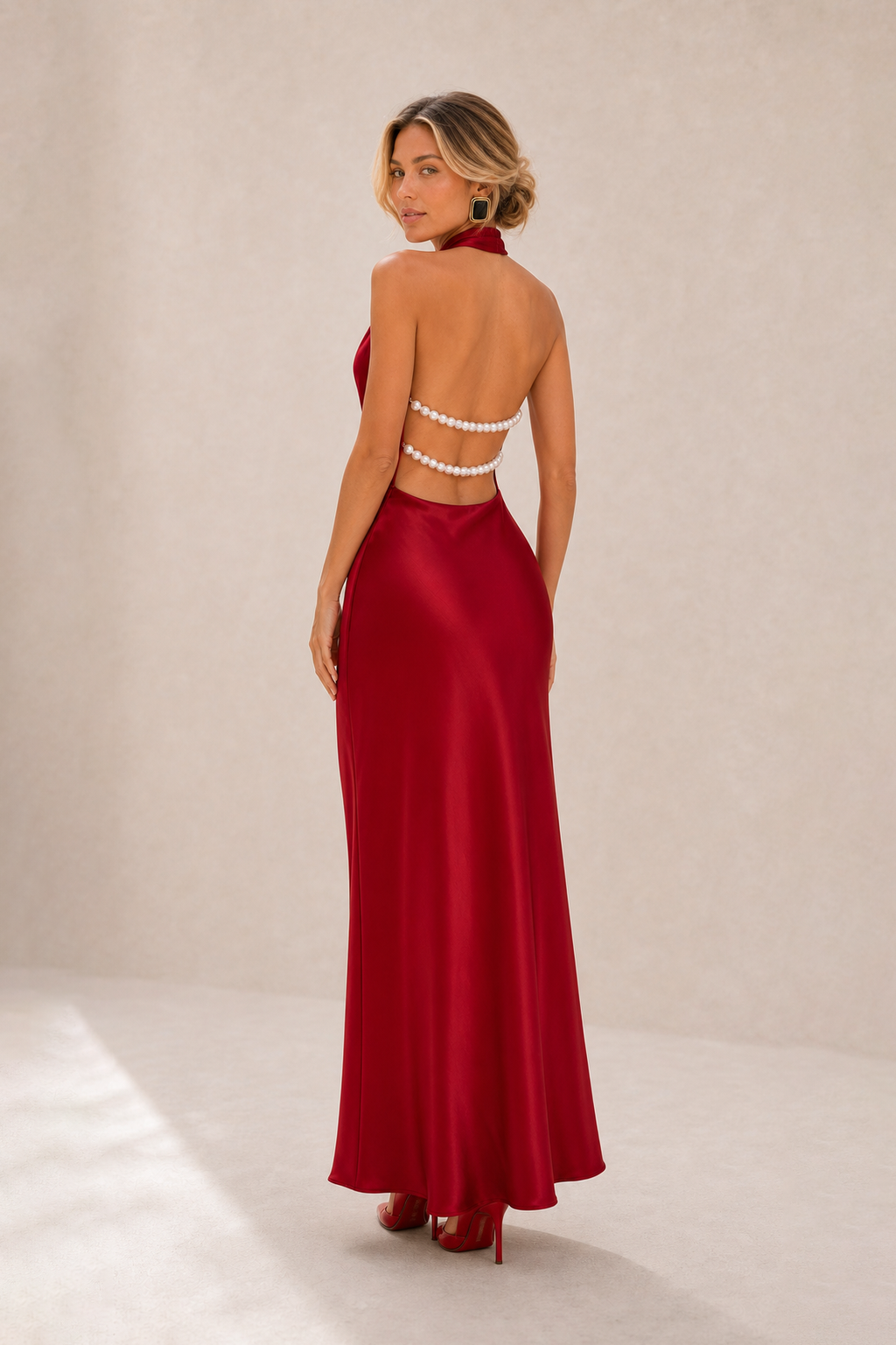Additional view of Octavia | Draped-Neck Satin Midi Dress
