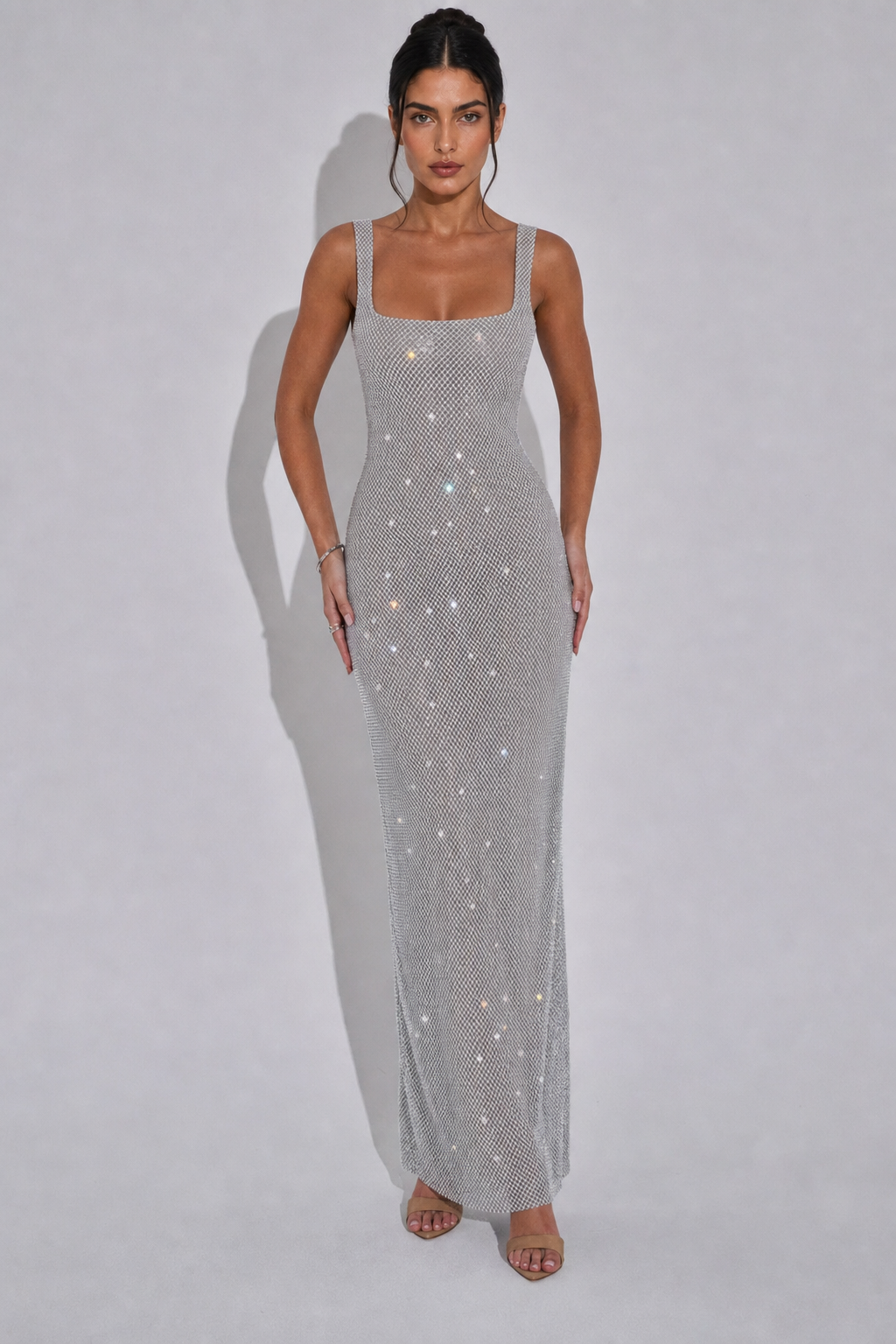Additional view of Celeste | Metallic Square-Neck Backless Maxi Dress