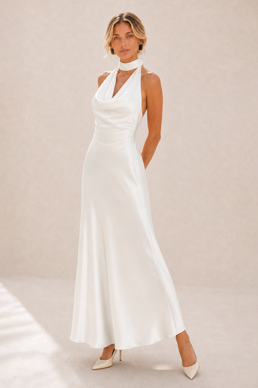 Additional view of Octavia | Draped-Neck Satin Midi Dress