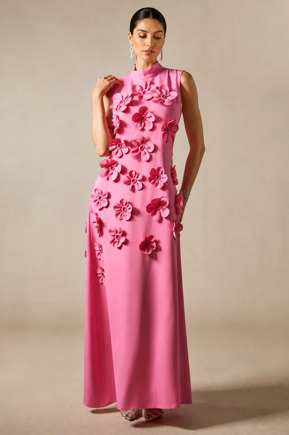 Cecilia | 3D Floral High-Neck Maxi Dress