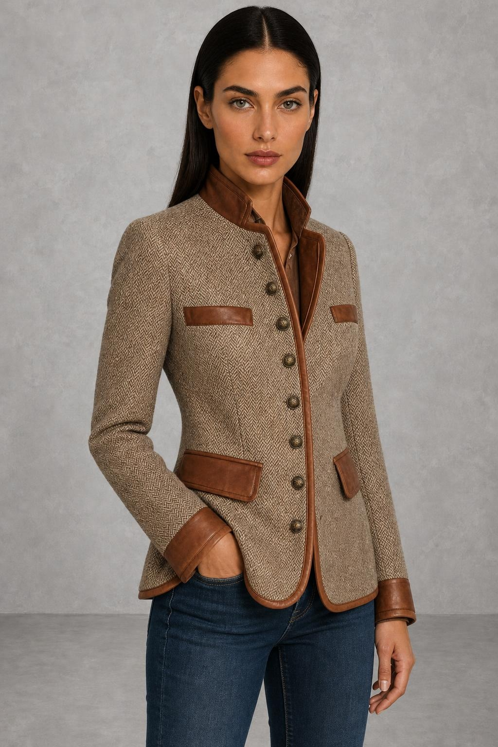 Isabel | Contrast-Trim Herringbone Jacket — studio_three_quarter — Helena [208e61a5-79d5-4cf3-ab4c-f999552f6883]