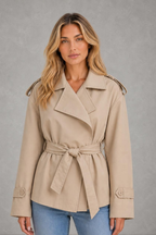 Sadie | Tie-Waist Short Trench Jacket — studio_front — Sofia [ce7cb4c6-9655-48fb-baf4-21ca7b2280ec]