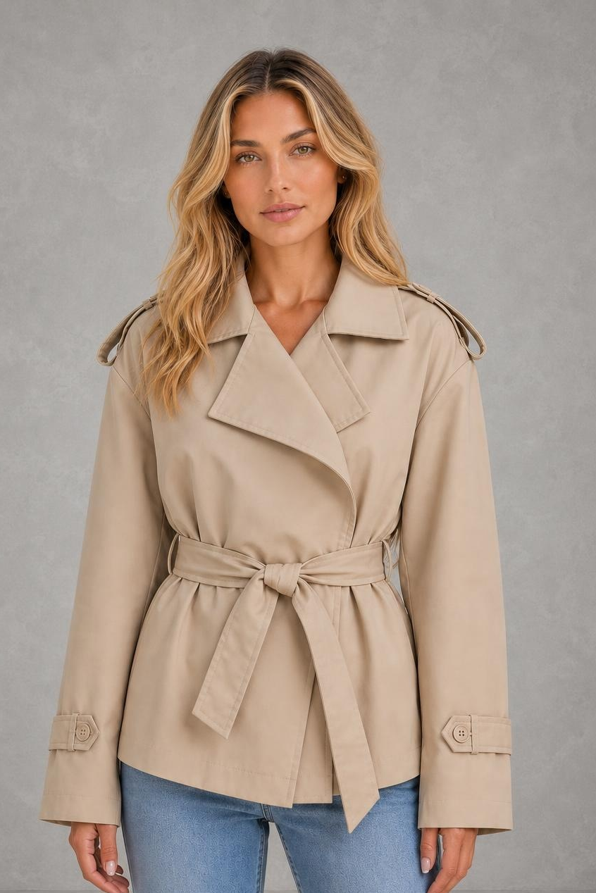 Sadie | Tie-Waist Short Trench Jacket — studio_front — Sofia [ce7cb4c6-9655-48fb-baf4-21ca7b2280ec]