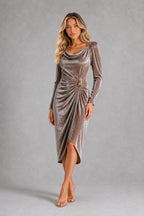 Women’s Velvet Ruched Midi Dress with Gold-Tone Waist Detail – Long Sleeve Style — lifestyle — Sofia [7af40f09-11dd-4f74-a238-45c71920455a]