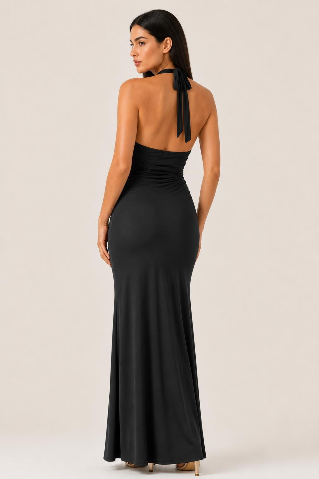 Solange | Gold-Buckle Plunging Halter Maxi Dress