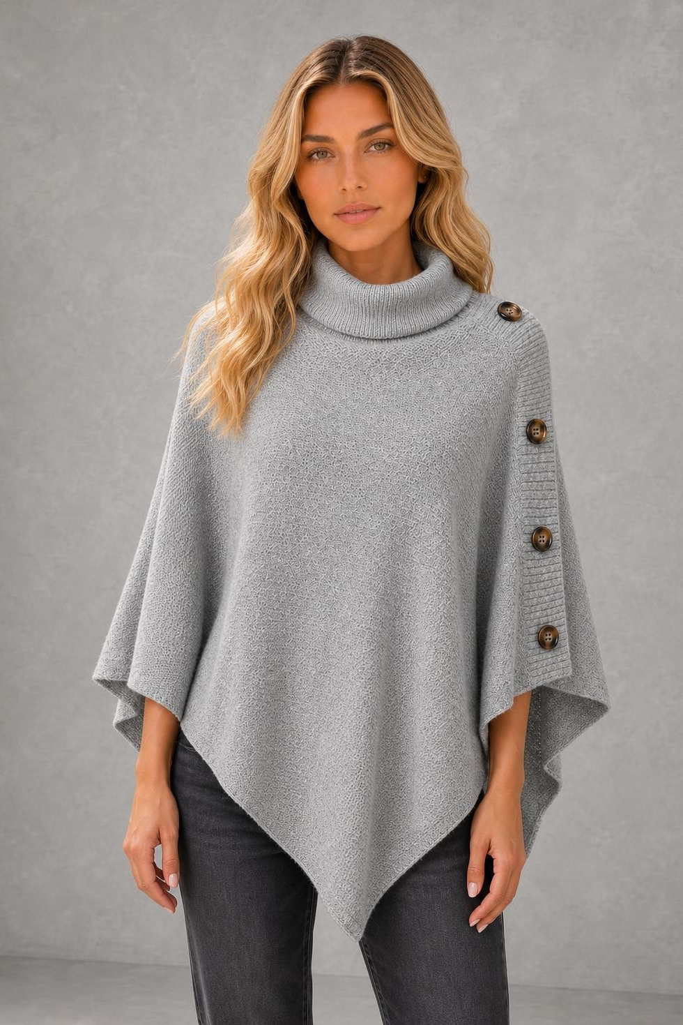 Darcie | Button-Shoulder Asymmetric Knit Poncho — studio_front — Sofia [eb175bbc-ac61-4777-b7d0-12aa63a2028c]