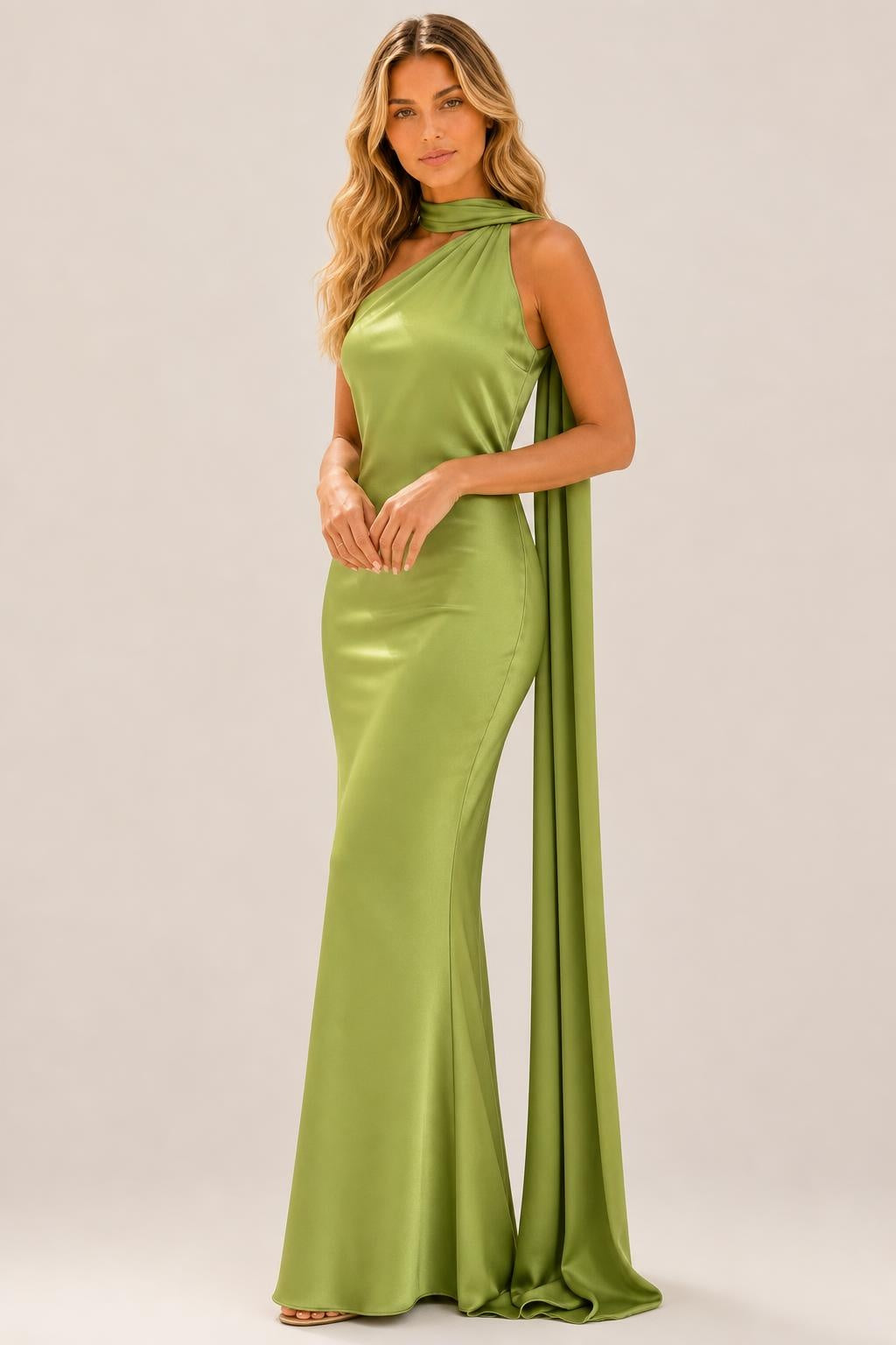Additional view of Isabelle | One-Shoulder Satin Maxi Dress with Cape Detail