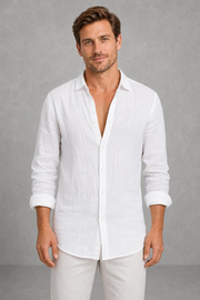 Hugo | Curved-Hem Linen-Blend Shirt — studio_front — Charles [c5a9f732-cf61-4099-8b07-e8a6ed43df1e]