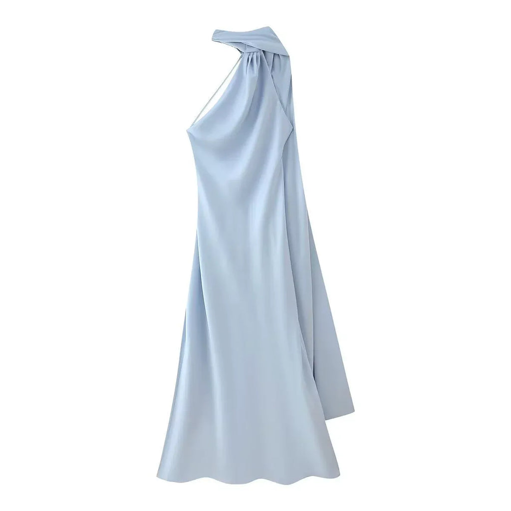Additional view of Isabelle | One-Shoulder Satin Maxi Dress with Cape Detail