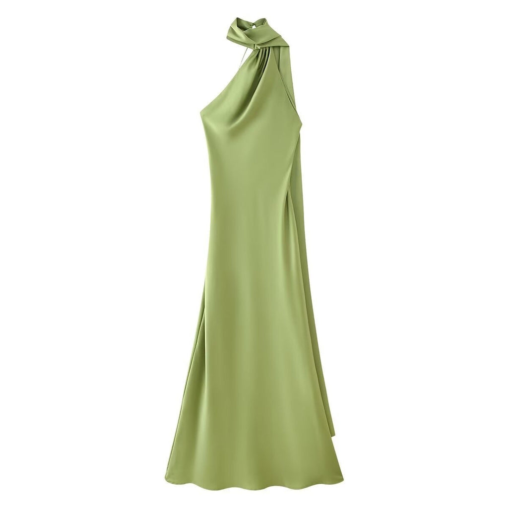 Additional view of Isabelle | One-Shoulder Satin Maxi Dress with Cape Detail