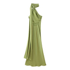 Additional view of Isabelle | One-Shoulder Satin Maxi Dress with Cape Detail