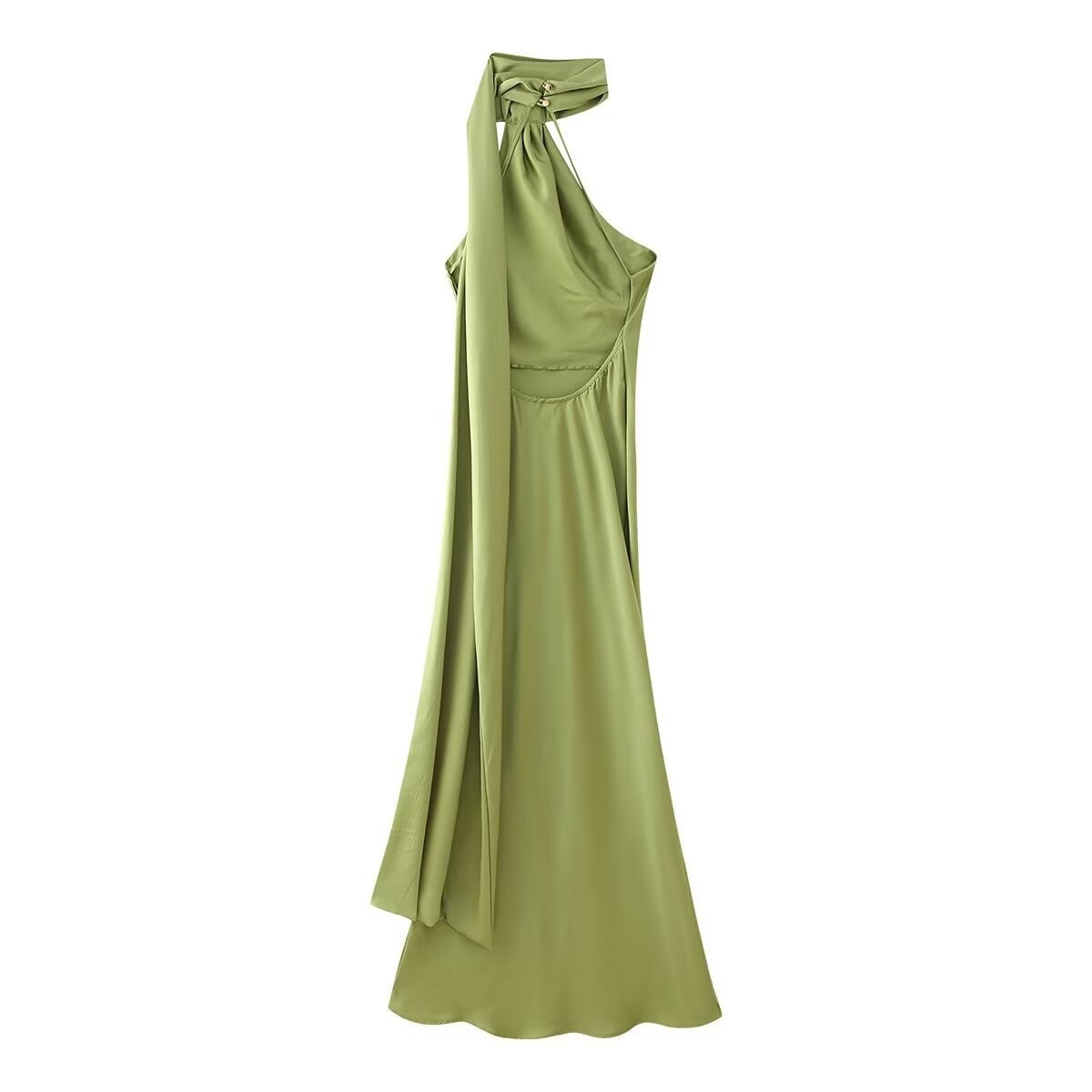 Additional view of Isabelle | One-Shoulder Satin Maxi Dress with Cape Detail