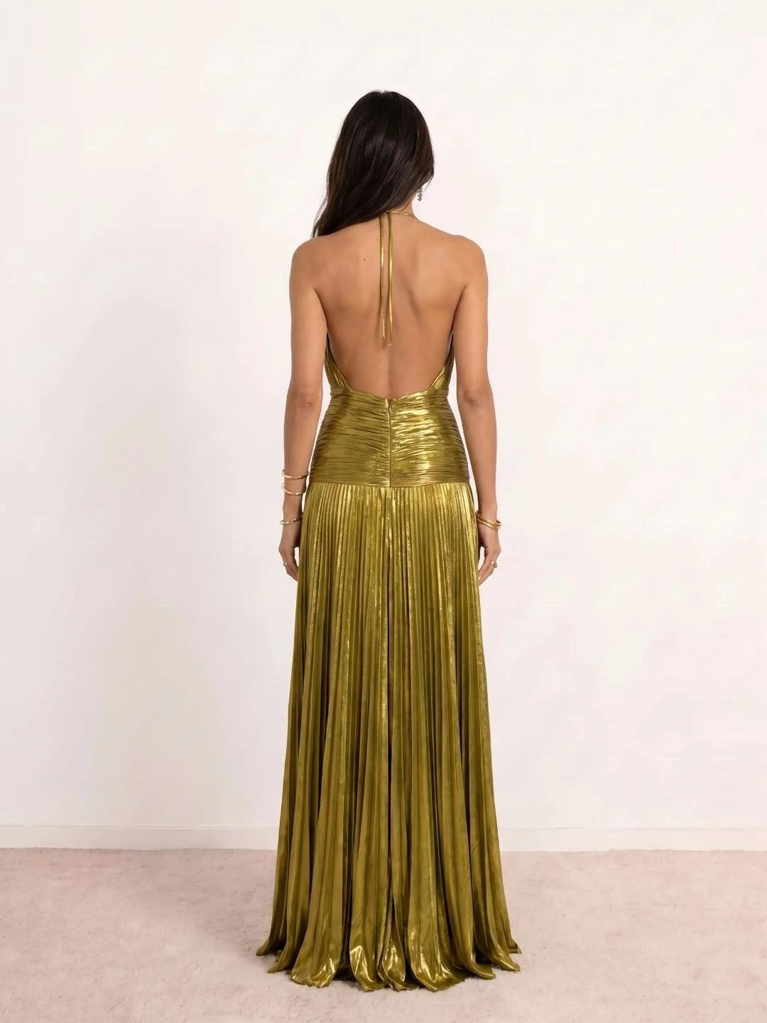 Sienna | Metallic Pleated Halter Maxi Dress with Side Split