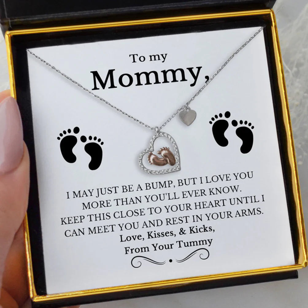 To My Mommy: Baby Feet Heart Pendant Necklace Gift Set