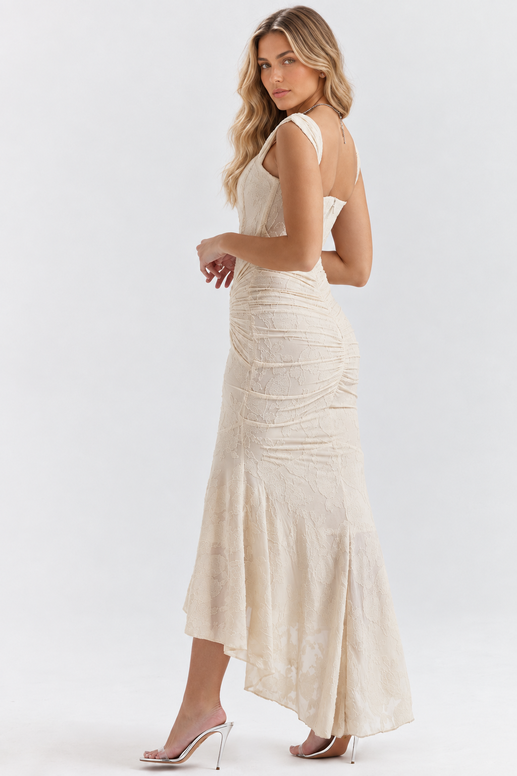 Odette asymmetric jacquard occasion dress in Beige – back view