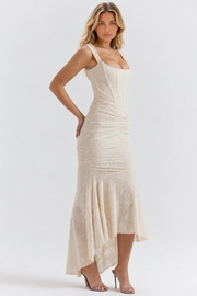 Odette asymmetric jacquard occasion dress in Beige – front view