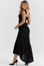 Odette asymmetric jacquard occasion dress in Black – back view