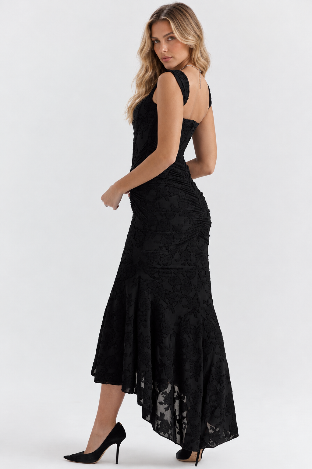 Odette asymmetric jacquard occasion dress in Black – back view