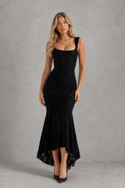 Odette asymmetric jacquard occasion dress in Black – front view
